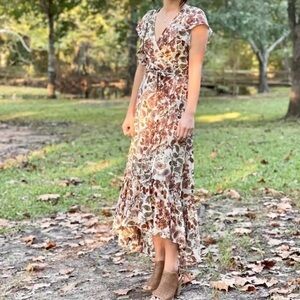 DREW Terra Vnt Garden flrl lined wrp drss w ruffl & hi/low hem SZ S feminine